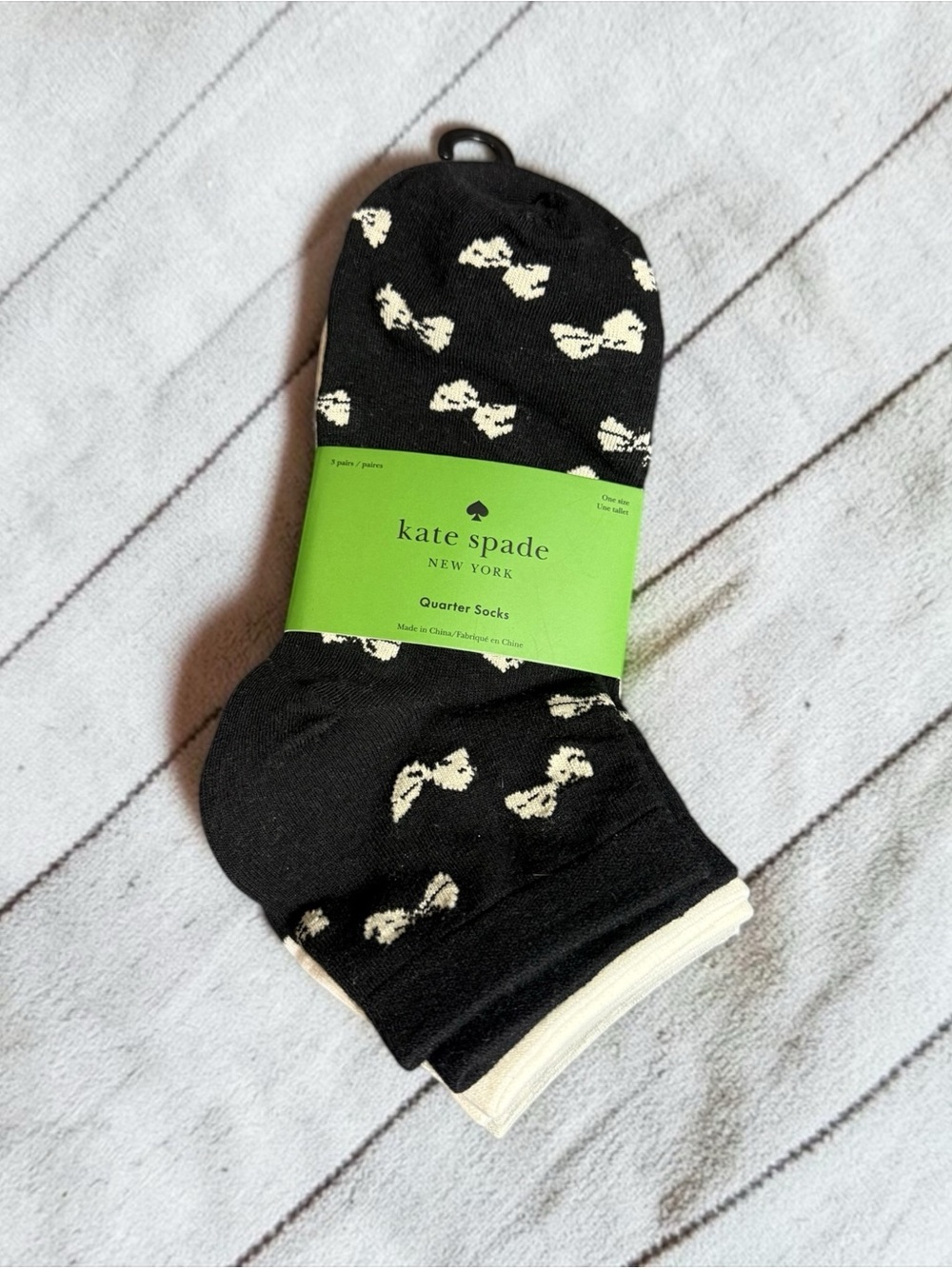 ♠️KATE SPADE♠️Set of 3 Quarter Socks in Black w/Bows, White & Grey/NIP